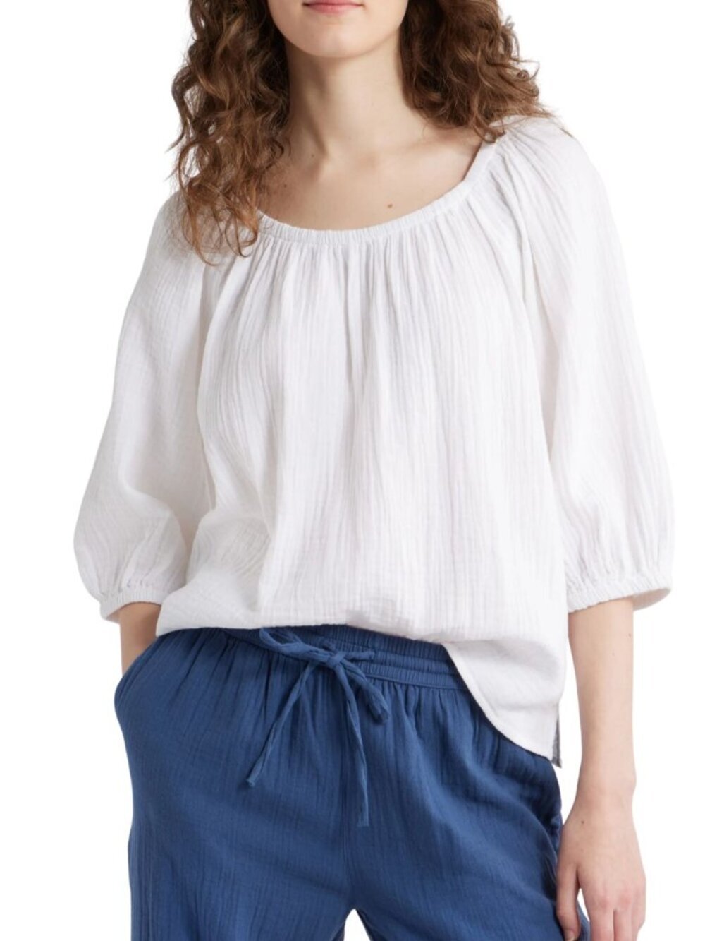 Caslon® Gathered Elbow Sleeve Cotton Gauze Top White Small